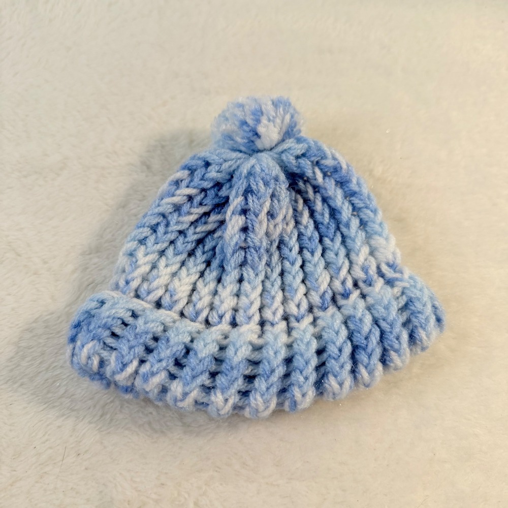 Handmade Knit Beanie Preemie Blue White Marbled Pom Pom Cuffed Winter Hat